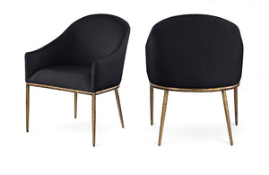 Meridian Furniture Ferro Curved Upholstered Dining Arm Chair with Brushed Iron Frame and Stain Resistant Linen Black A 88036Black-AC