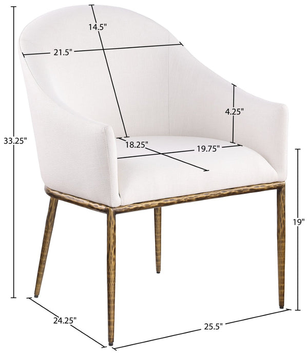Meridian Furniture Ferro Curved Upholstered Dining Arm Chair with Brushed Iron Frame and Stain Resistant Linen Cream A 88036Cream-AC