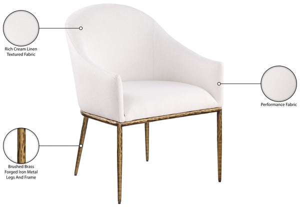 Meridian Furniture Ferro Curved Upholstered Dining Arm Chair with Brushed Iron Frame and Stain Resistant Linen Cream A 88036Cream-AC