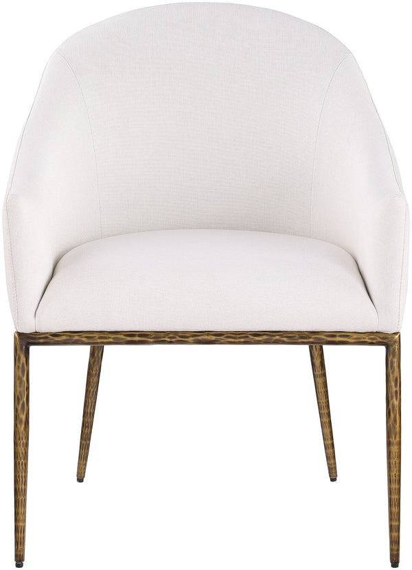 Meridian Furniture Ferro Curved Upholstered Dining Arm Chair with Brushed Iron Frame and Stain Resistant Linen Cream A 88036Cream-AC