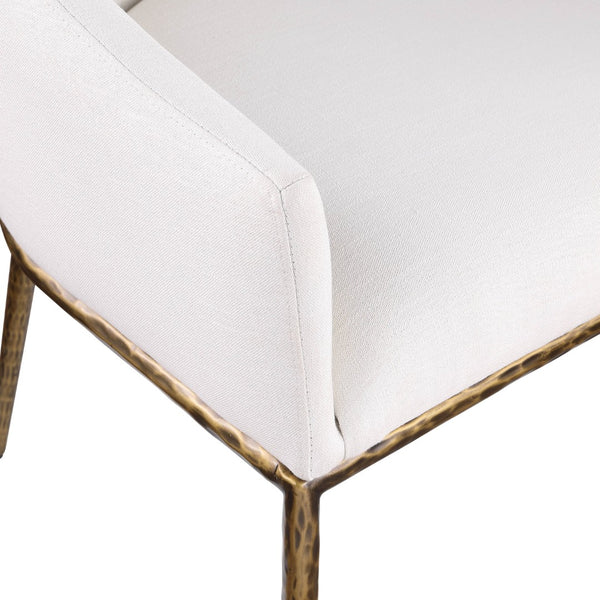 Meridian Furniture Ferro Curved Upholstered Dining Arm Chair with Brushed Iron Frame and Stain Resistant Linen Cream A 88036Cream-AC