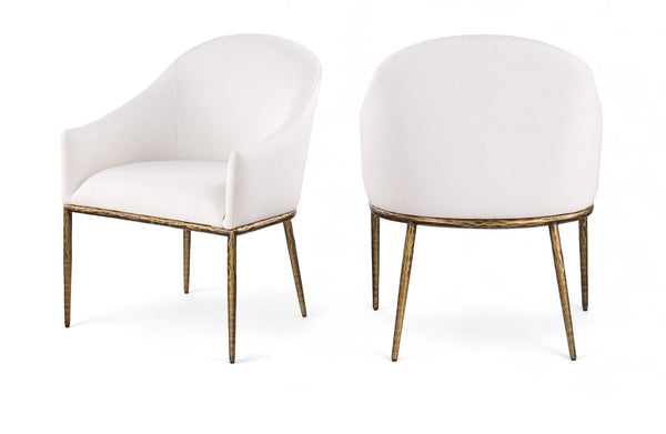 Meridian Furniture Ferro Curved Upholstered Dining Arm Chair with Brushed Iron Frame and Stain Resistant Linen Cream A 88036Cream-AC