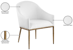 Meridian Furniture Ferro Curved Upholstered Dining Arm Chair with Brushed Iron Frame and Stain Resistant Linen White A 88036White-AC