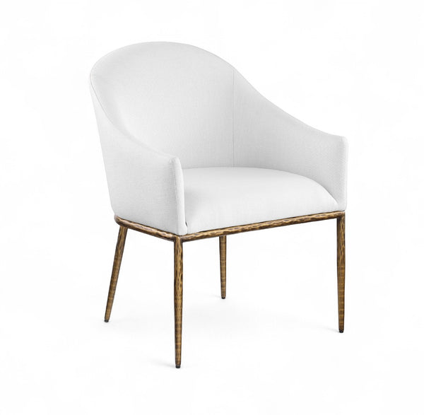 Meridian Furniture Ferro Curved Upholstered Dining Arm Chair with Brushed Iron Frame and Stain Resistant Linen White A 88036White-AC