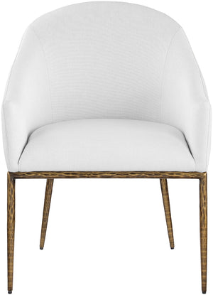 Meridian Furniture Ferro Curved Upholstered Dining Arm Chair with Brushed Iron Frame and Stain Resistant Linen White A 88036White-AC