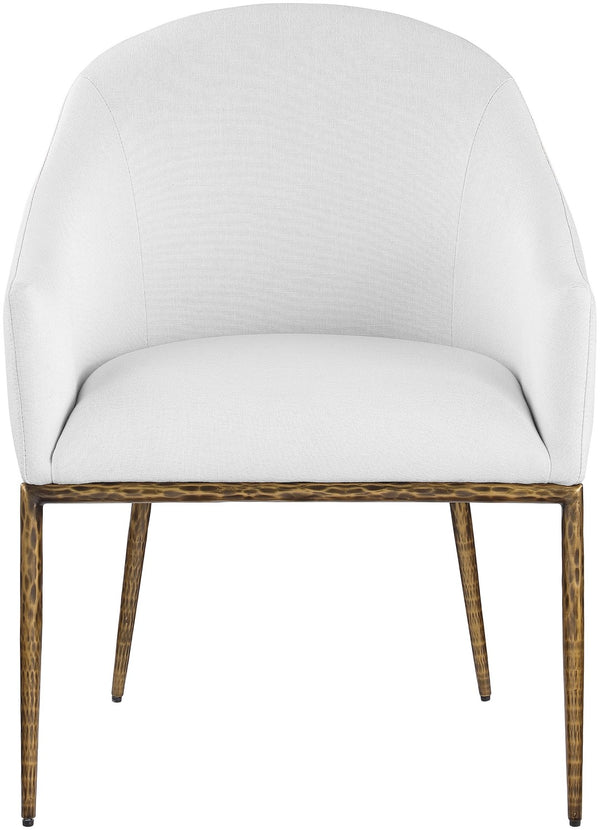 Meridian Furniture Ferro Curved Upholstered Dining Arm Chair with Brushed Iron Frame and Stain Resistant Linen White A 88036White-AC