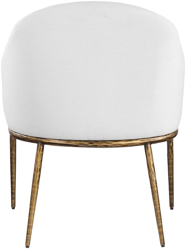 Meridian Furniture Ferro Curved Upholstered Dining Arm Chair with Brushed Iron Frame and Stain Resistant Linen White A 88036White-AC