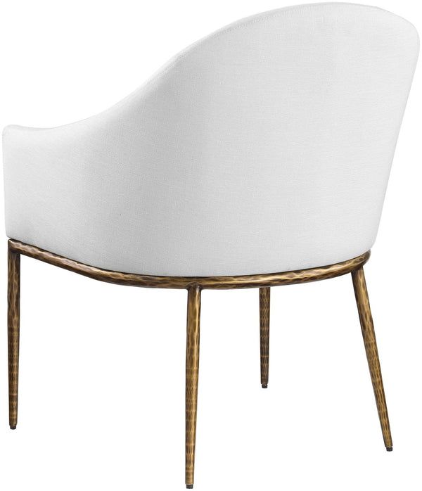 Meridian Furniture Ferro Curved Upholstered Dining Arm Chair with Brushed Iron Frame and Stain Resistant Linen White A 88036White-AC