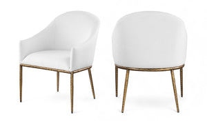 Meridian Furniture Ferro Curved Upholstered Dining Arm Chair with Brushed Iron Frame and Stain Resistant Linen White A 88036White-AC
