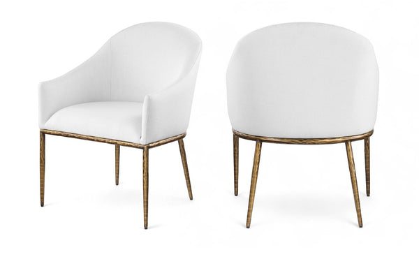 Meridian Furniture Ferro Curved Upholstered Dining Arm Chair with Brushed Iron Frame and Stain Resistant Linen White A 88036White-AC