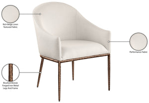 Meridian Furniture Ferro Curved Upholstered Dining Arm Chair with Brushed Iron Frame and Stain Resistant Linen Beige B 88037Beige-AC