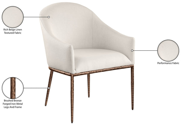 Meridian Furniture Ferro Curved Upholstered Dining Arm Chair with Brushed Iron Frame and Stain Resistant Linen Beige B 88037Beige-AC