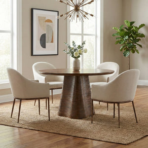 Meridian Furniture Ferro Curved Upholstered Dining Arm Chair with Brushed Iron Frame and Stain Resistant Linen Beige B 88037Beige-AC