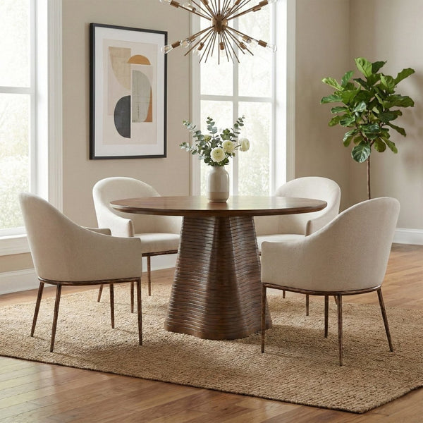 Meridian Furniture Ferro Curved Upholstered Dining Arm Chair with Brushed Iron Frame and Stain Resistant Linen Beige B 88037Beige-AC