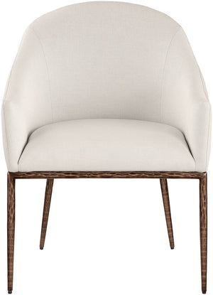 Meridian Furniture Ferro Curved Upholstered Dining Arm Chair with Brushed Iron Frame and Stain Resistant Linen Beige B 88037Beige-AC