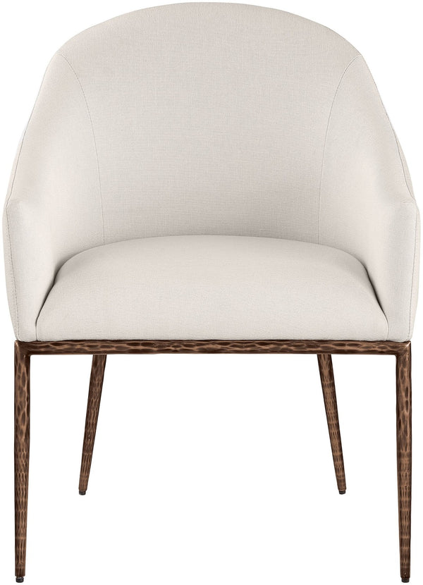 Meridian Furniture Ferro Curved Upholstered Dining Arm Chair with Brushed Iron Frame and Stain Resistant Linen Beige B 88037Beige-AC