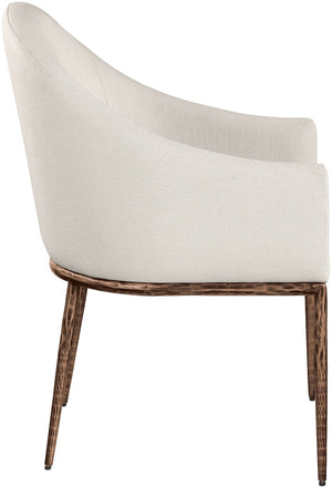 Meridian Furniture Ferro Curved Upholstered Dining Arm Chair with Brushed Iron Frame and Stain Resistant Linen Beige B 88037Beige-AC
