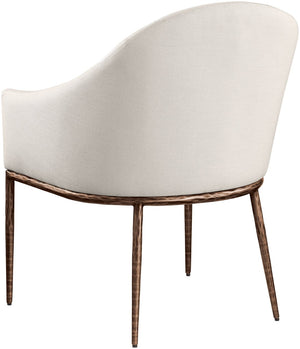 Meridian Furniture Ferro Curved Upholstered Dining Arm Chair with Brushed Iron Frame and Stain Resistant Linen Beige B 88037Beige-AC