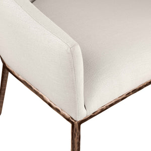 Meridian Furniture Ferro Curved Upholstered Dining Arm Chair with Brushed Iron Frame and Stain Resistant Linen Beige B 88037Beige-AC