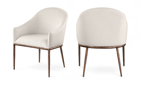 Meridian Furniture Ferro Curved Upholstered Dining Arm Chair with Brushed Iron Frame and Stain Resistant Linen Beige B 88037Beige-AC