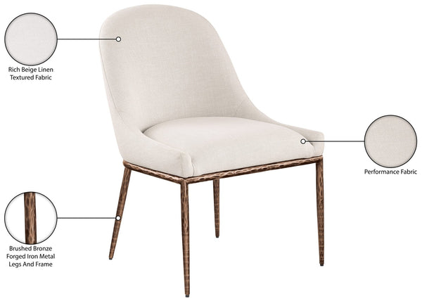 Meridian Furniture Ferro Curved Upholstered Dining Chair with Iron Legs and Stain Resistant Linen Performance Fabric Beige 88037 88037Beige-SC