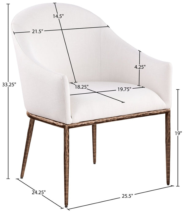 Meridian Furniture Ferro Curved Upholstered Dining Arm Chair with Brushed Iron Frame and Stain Resistant Linen Cream B 88037Cream-AC
