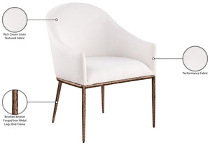 Meridian Furniture Ferro Curved Upholstered Dining Arm Chair with Brushed Iron Frame and Stain Resistant Linen Cream B 88037Cream-AC
