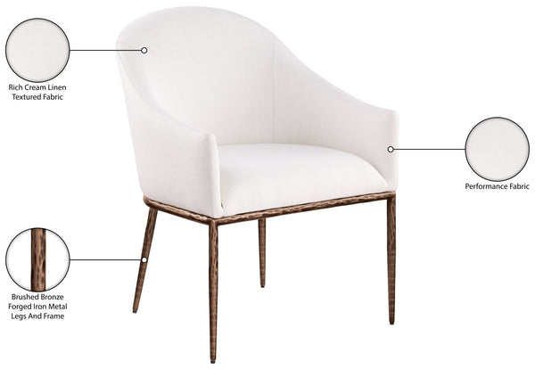 Meridian Furniture Ferro Curved Upholstered Dining Arm Chair with Brushed Iron Frame and Stain Resistant Linen Cream B 88037Cream-AC