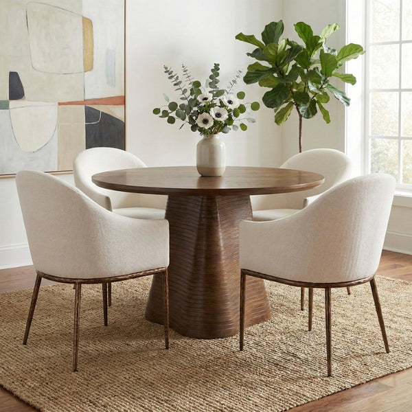 Meridian Furniture Ferro Curved Upholstered Dining Arm Chair with Brushed Iron Frame and Stain Resistant Linen Cream B 88037Cream-AC