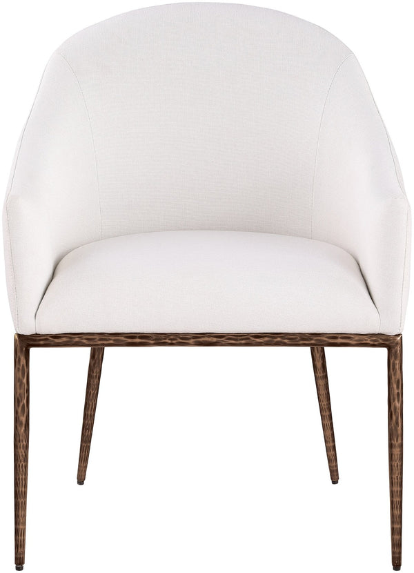 Meridian Furniture Ferro Curved Upholstered Dining Arm Chair with Brushed Iron Frame and Stain Resistant Linen Cream B 88037Cream-AC