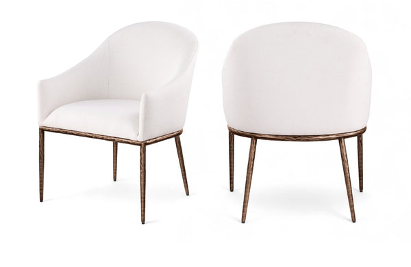 Meridian Furniture Ferro Curved Upholstered Dining Arm Chair with Brushed Iron Frame and Stain Resistant Linen Cream B 88037Cream-AC