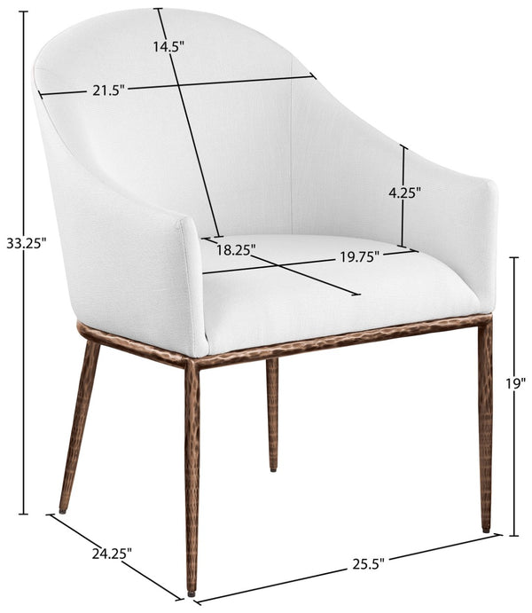 Meridian Furniture Ferro Curved Upholstered Dining Arm Chair with Brushed Iron Frame and Stain Resistant Linen White B 88037White-AC
