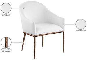 Meridian Furniture Ferro Curved Upholstered Dining Arm Chair with Brushed Iron Frame and Stain Resistant Linen White B 88037White-AC