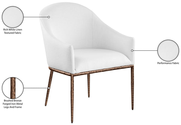 Meridian Furniture Ferro Curved Upholstered Dining Arm Chair with Brushed Iron Frame and Stain Resistant Linen White B 88037White-AC