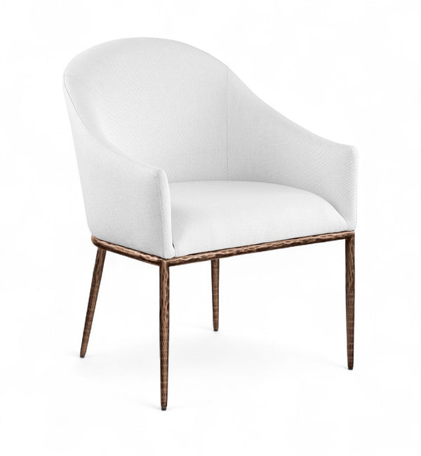 Meridian Furniture Ferro Curved Upholstered Dining Arm Chair with Brushed Iron Frame and Stain Resistant Linen White B 88037White-AC