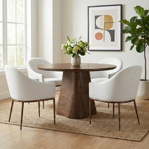 Meridian Furniture Ferro Curved Upholstered Dining Arm Chair with Brushed Iron Frame and Stain Resistant Linen White B 88037White-AC