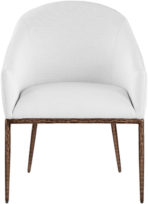 Meridian Furniture Ferro Curved Upholstered Dining Arm Chair with Brushed Iron Frame and Stain Resistant Linen White B 88037White-AC
