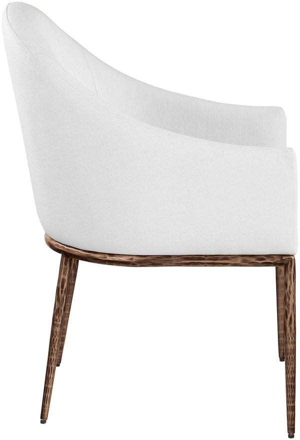 Meridian Furniture Ferro Curved Upholstered Dining Arm Chair with Brushed Iron Frame and Stain Resistant Linen White B 88037White-AC