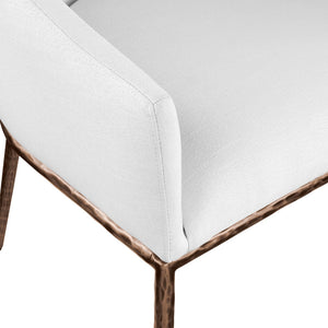 Meridian Furniture Ferro Curved Upholstered Dining Arm Chair with Brushed Iron Frame and Stain Resistant Linen White B 88037White-AC