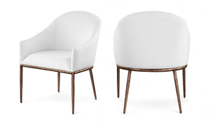 Meridian Furniture Ferro Curved Upholstered Dining Arm Chair with Brushed Iron Frame and Stain Resistant Linen White B 88037White-AC