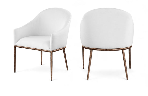 Meridian Furniture Ferro Curved Upholstered Dining Arm Chair with Brushed Iron Frame and Stain Resistant Linen White B 88037White-AC