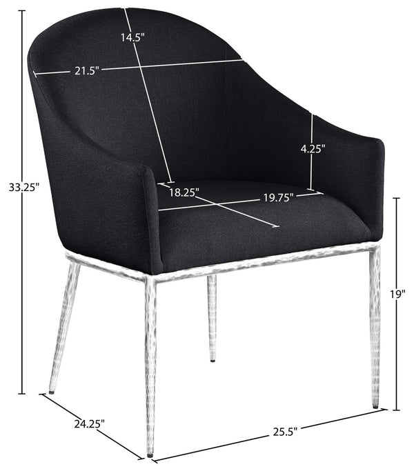 Meridian Furniture Ferro Curved Upholstered Dining Arm Chair with Brushed Iron Frame and Stain Resistant Linen Black C 88038Black-AC