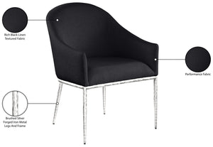 Meridian Furniture Ferro Curved Upholstered Dining Arm Chair with Brushed Iron Frame and Stain Resistant Linen Black C 88038Black-AC