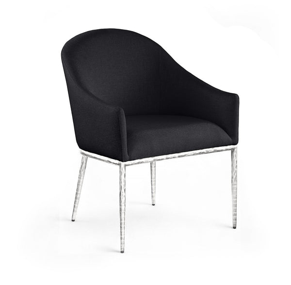 Meridian Furniture Ferro Curved Upholstered Dining Arm Chair with Brushed Iron Frame and Stain Resistant Linen Black C 88038Black-AC