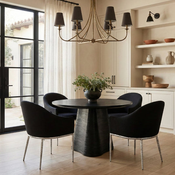 Meridian Furniture Ferro Curved Upholstered Dining Arm Chair with Brushed Iron Frame and Stain Resistant Linen Black C 88038Black-AC