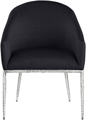 Meridian Furniture Ferro Curved Upholstered Dining Arm Chair with Brushed Iron Frame and Stain Resistant Linen Black C 88038Black-AC