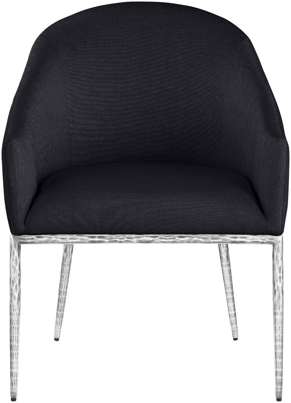 Meridian Furniture Ferro Curved Upholstered Dining Arm Chair with Brushed Iron Frame and Stain Resistant Linen Black C 88038Black-AC