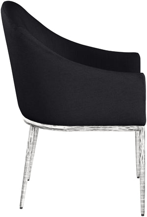Meridian Furniture Ferro Curved Upholstered Dining Arm Chair with Brushed Iron Frame and Stain Resistant Linen Black C 88038Black-AC