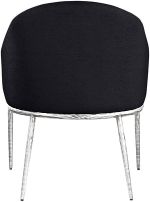 Meridian Furniture Ferro Curved Upholstered Dining Arm Chair with Brushed Iron Frame and Stain Resistant Linen Black C 88038Black-AC