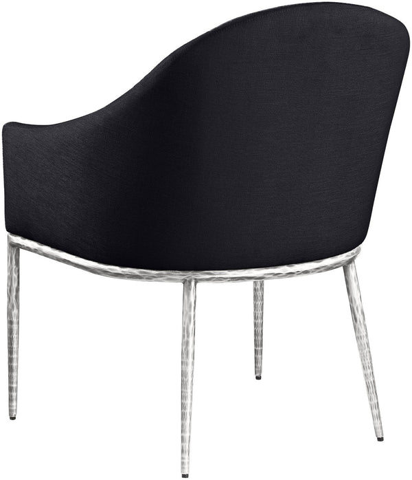 Meridian Furniture Ferro Curved Upholstered Dining Arm Chair with Brushed Iron Frame and Stain Resistant Linen Black C 88038Black-AC